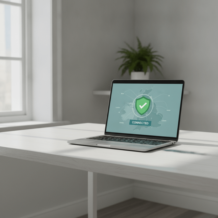 best-vpn-uk-featured Best VPN UK 2026 — laptop showing VPN app connected securely
