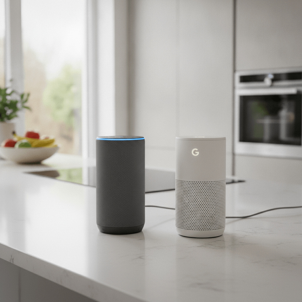 Amazon Echo and Google Nest smart speakers side by side on a kitchen counter in a modern UK home smart home setup 2026