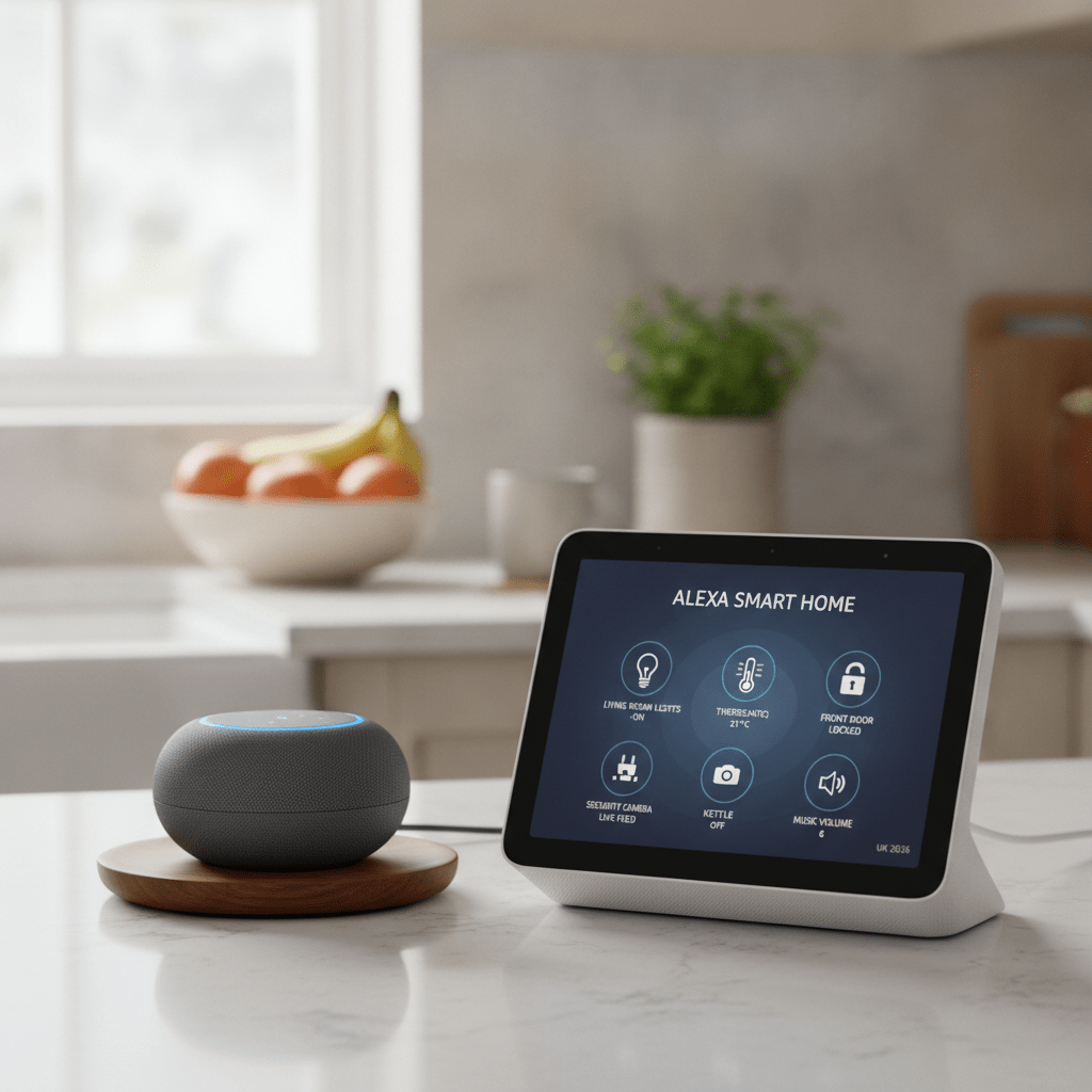 Amazon Echo Dot 5th Gen and Echo Show 8 smart speakers on a kitchen counter displaying Alexa smart home controls UK 2026