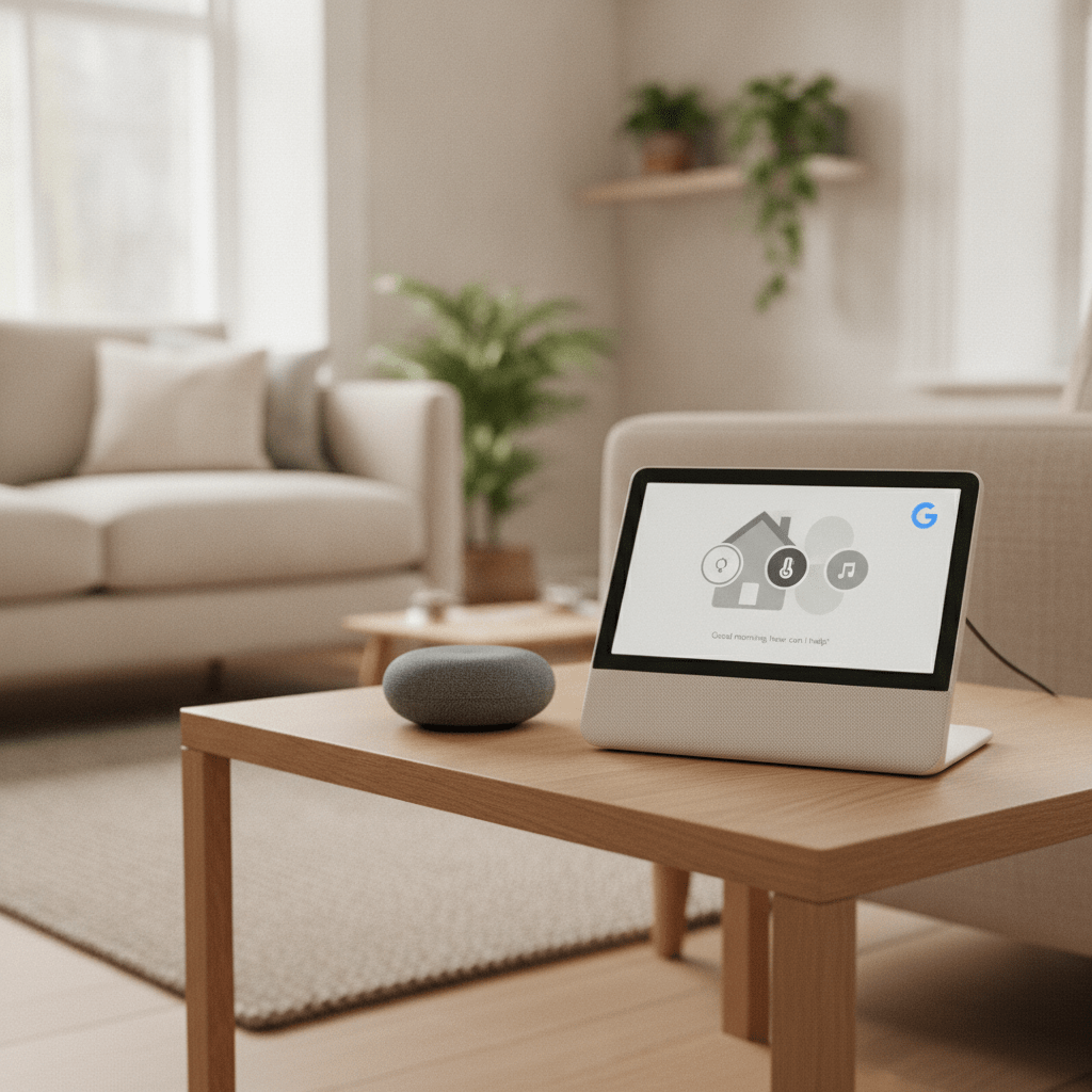 Google Nest Mini and Google Nest Hub 2nd Gen smart speakers in a UK home living room showing Google Assistant controls on screen