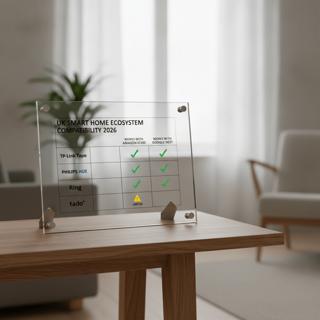 Smart home ecosystem compatibility chart showing Amazon Echo and Google Nest working with TP-Link Tapo Philips Hue Ring doorbell and tado thermostat UK 2026