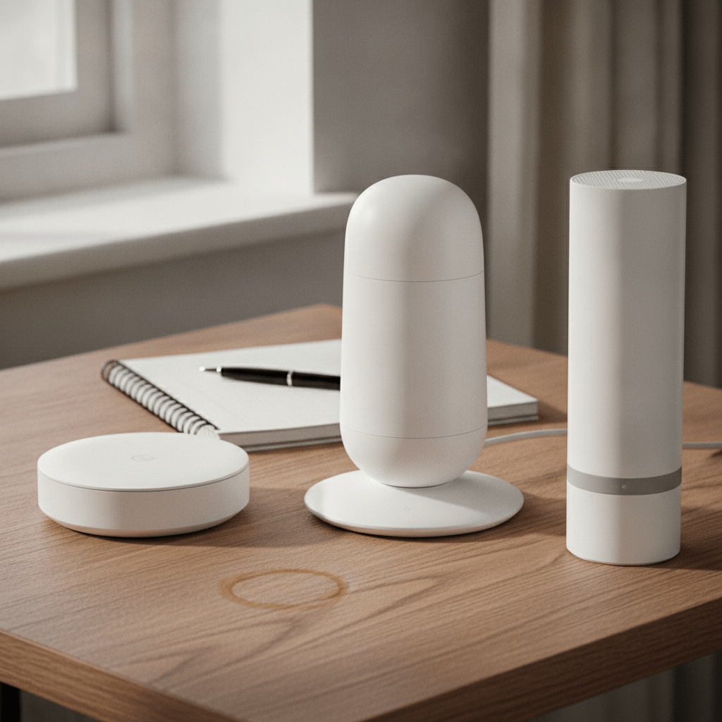 Side-by-side comparison infographic of Amazon eero 6, eero Pro 6E and TP-Link Deco mesh WiFi units on a table