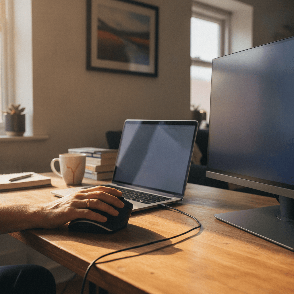 A person working from a home office desk in the UK using a vertical ergonomic mouse next to a laptop and monitor