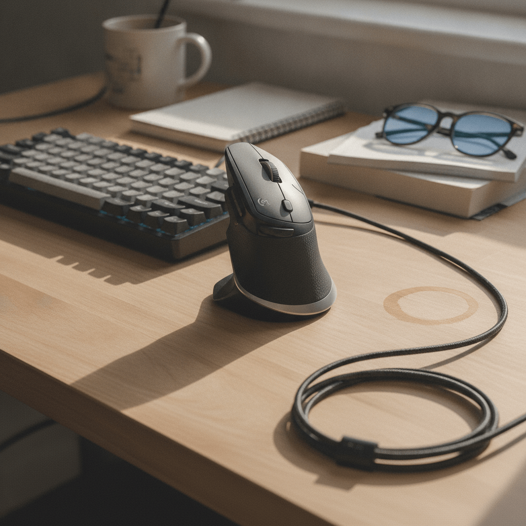 Logitech MX Vertical ergonomic mouse on a UK home office desk next to a keyboard