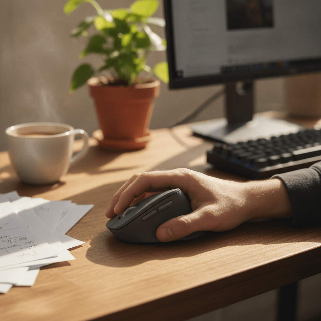 Logitech Lift compact vertical ergonomic mouse in a hand, shown at a UK desk setup