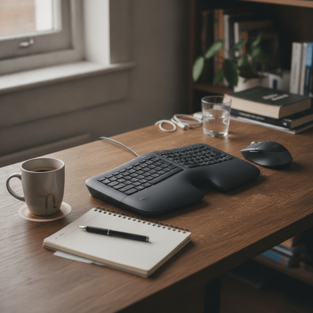 Microsoft Sculpt Ergonomic Desktop split keyboard and mouse bundle on a budget UK home office desk