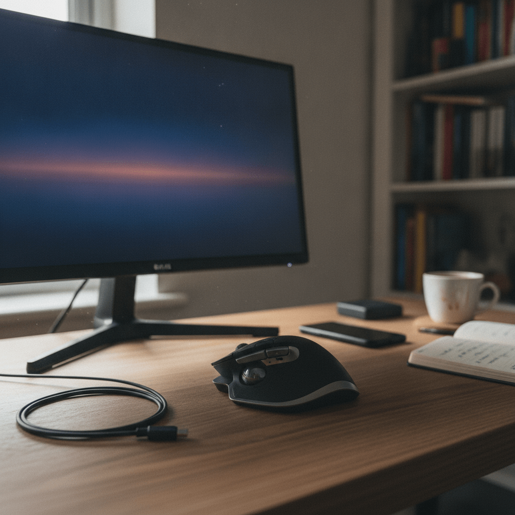 Logitech MX Ergo trackball mouse resting on a desk beside a monitor in a UK home office