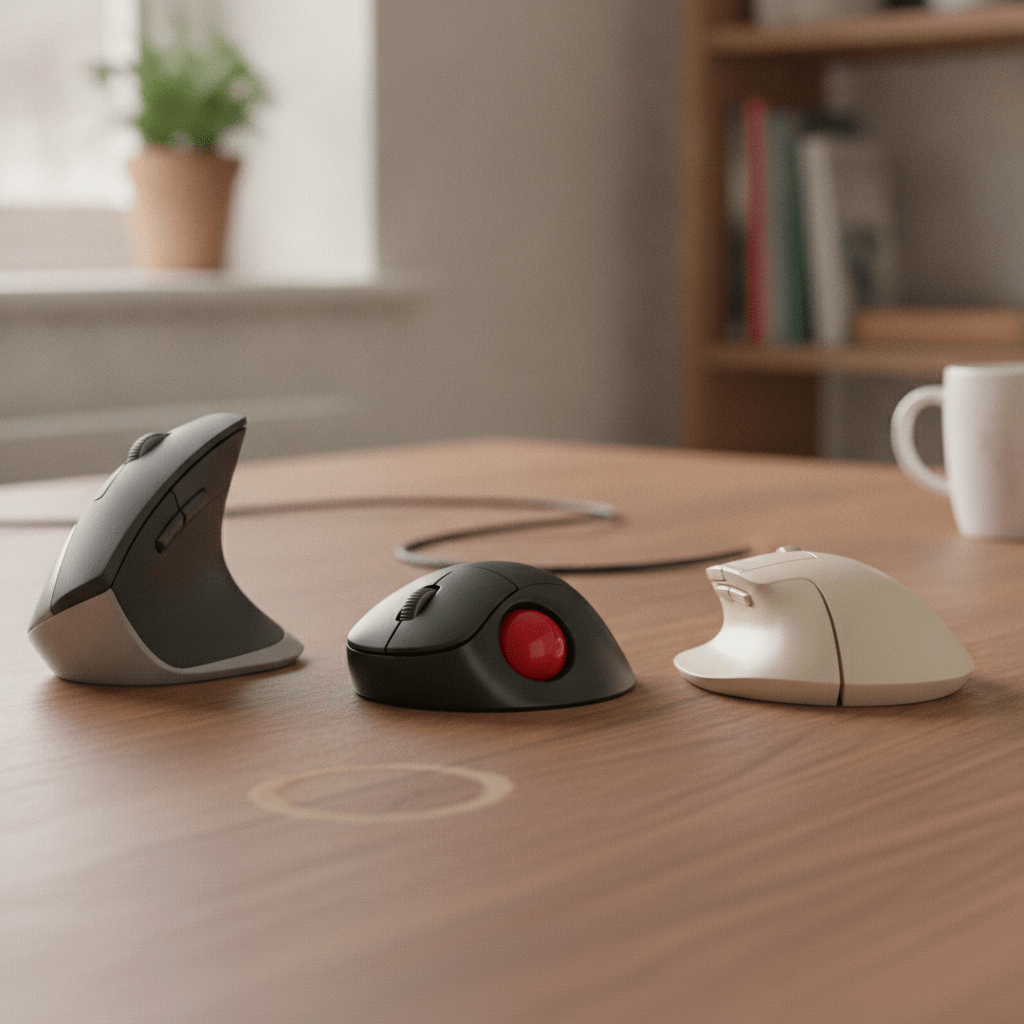 Infographic comparing vertical, trackball and split ergonomic mouse shapes side by side for UK home office buyers