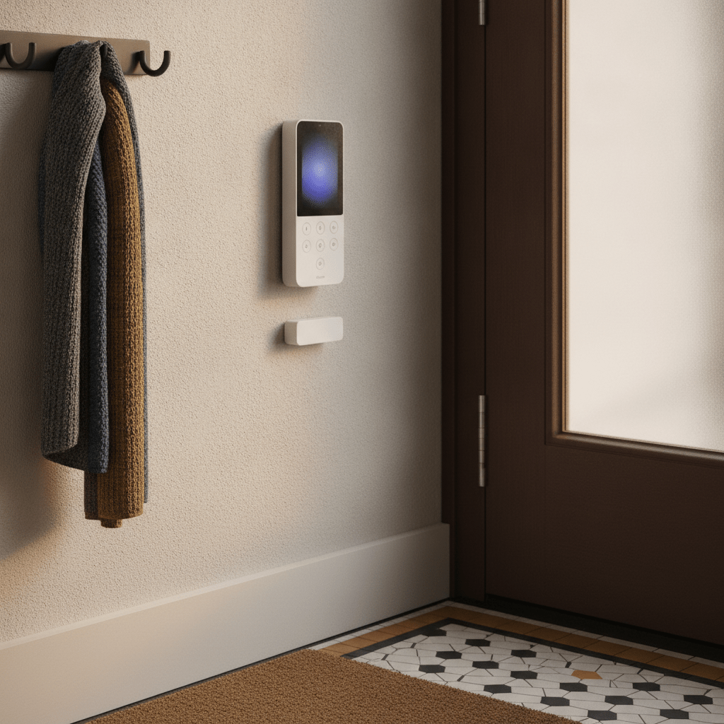 Verisure alarm keypad and door/window sensor installed beside a front door in a UK terraced house hallway