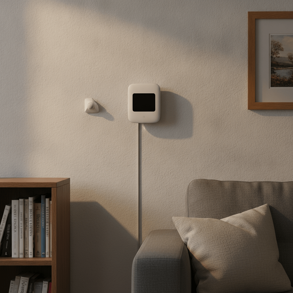 Verisure smart alarm control panel and motion sensor mounted on a living room wall in a UK home