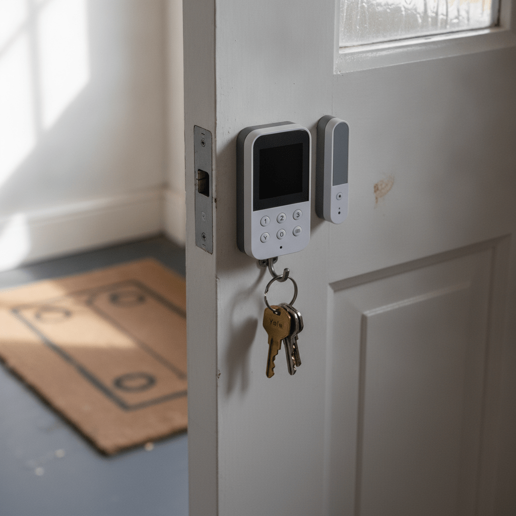 ADT monitored alarm keypad and door contact sensor fitted near a UK front door frame