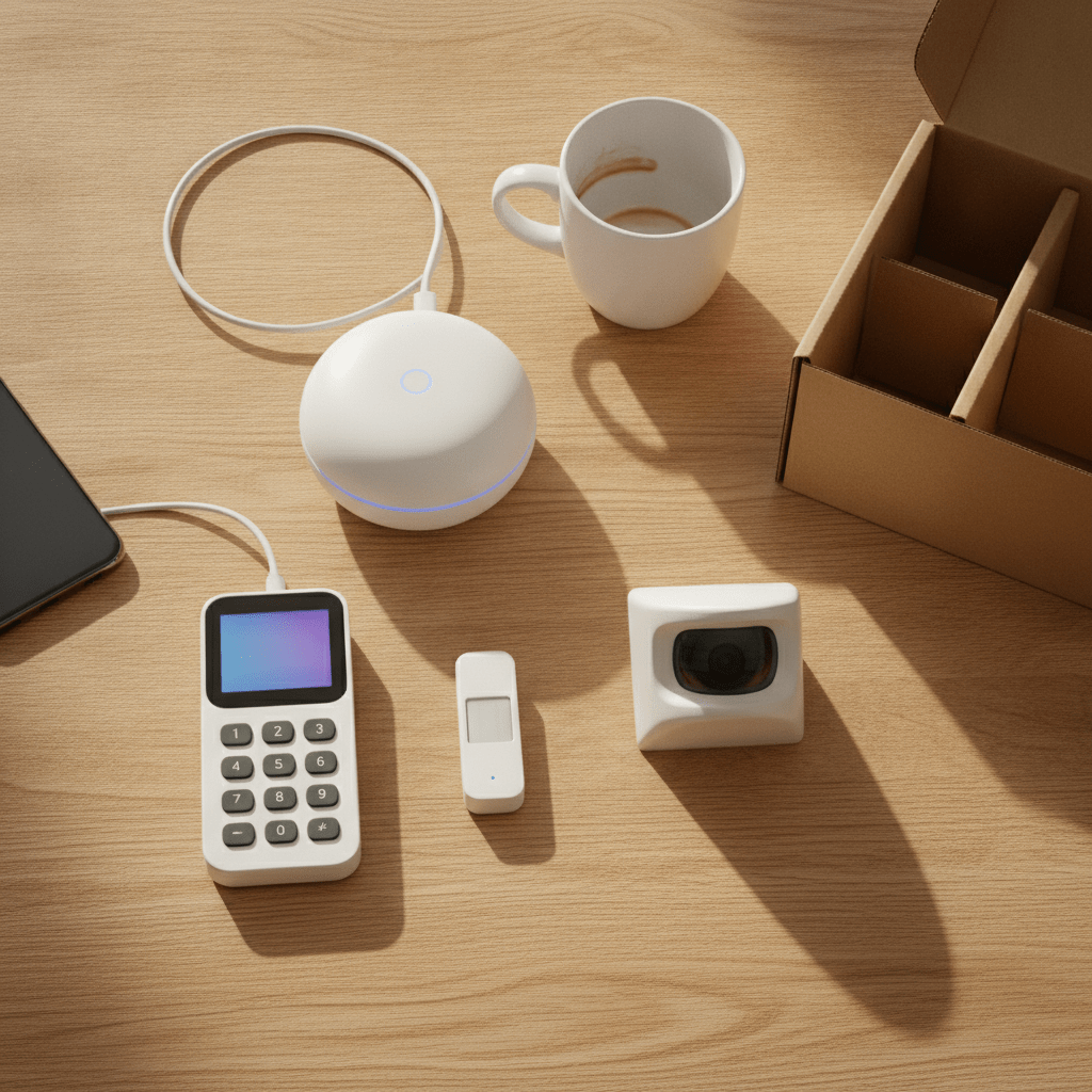 Ring Alarm starter kit box with base station, keypad, contact sensor and motion detector laid out on a table in a UK home