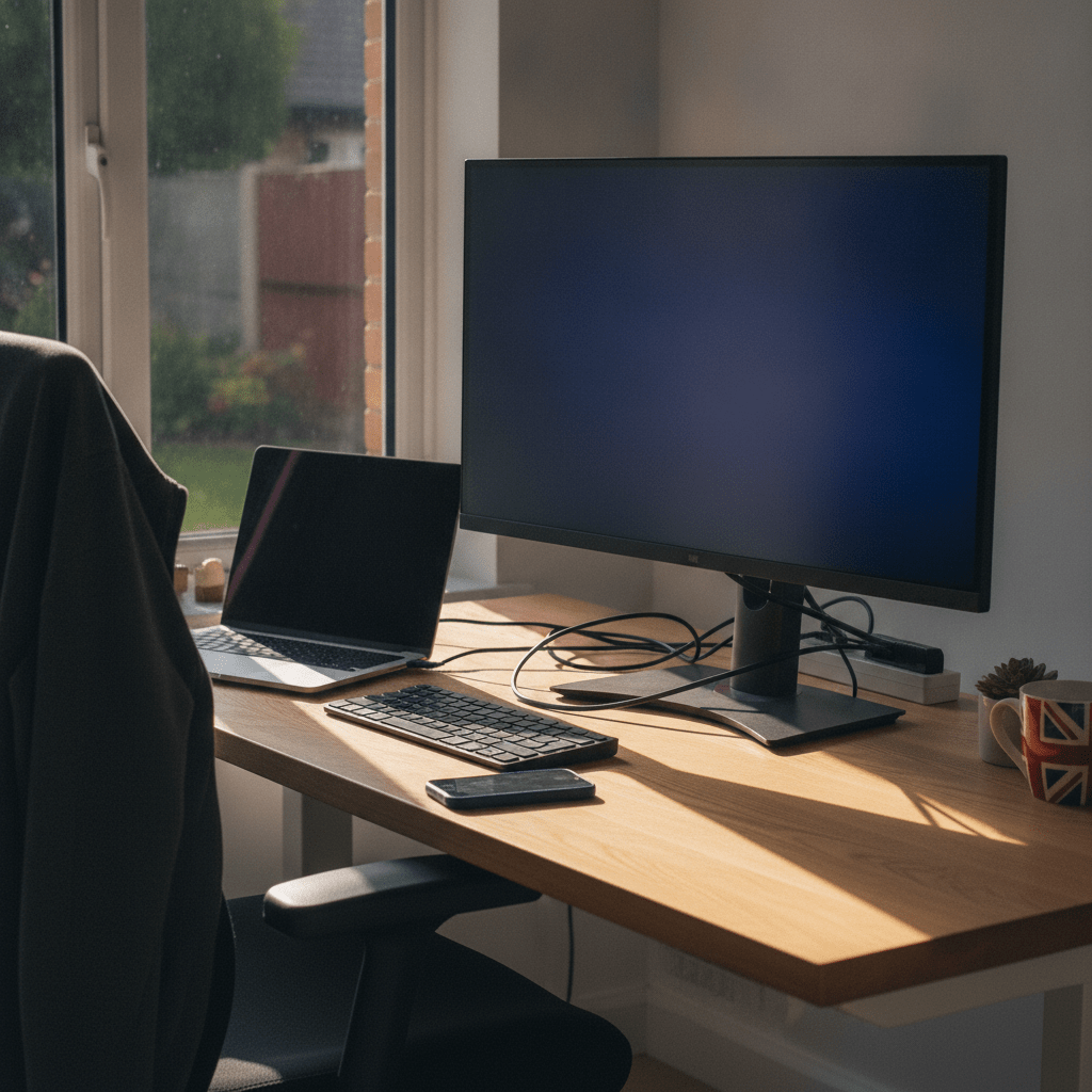 Modern home office desk with large external monitor, laptop, and keyboard on a wooden desk with natural light through a window, UK home setting