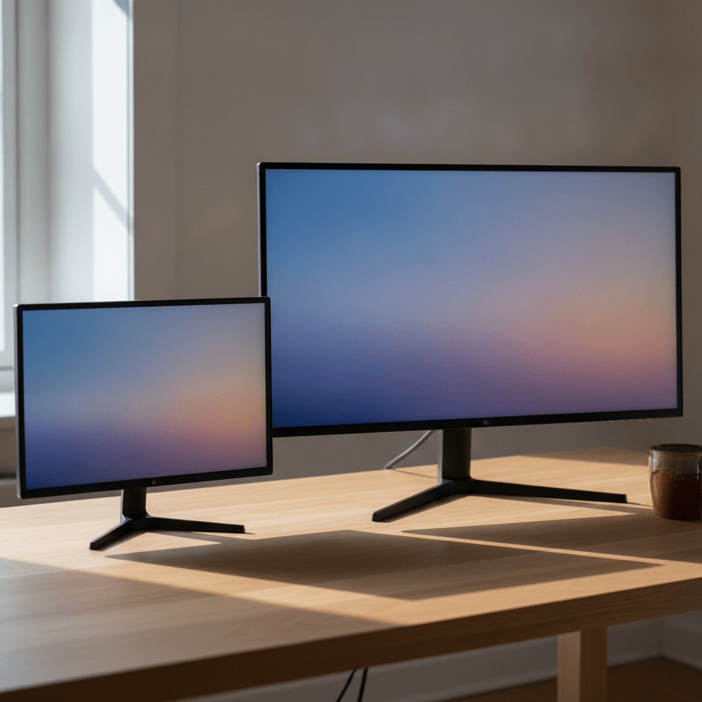 BenQ GW2490 and AOC Q27G4XF monitors side by side on a home office desk showing size comparison between 24-inch and 27-inch displays