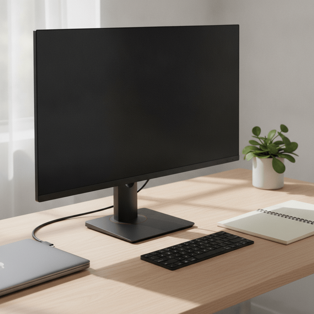 Dell 27 Plus S2725QC monitor on a desk connected to a laptop via single USB-C cable, showing 4K display in a home office environment