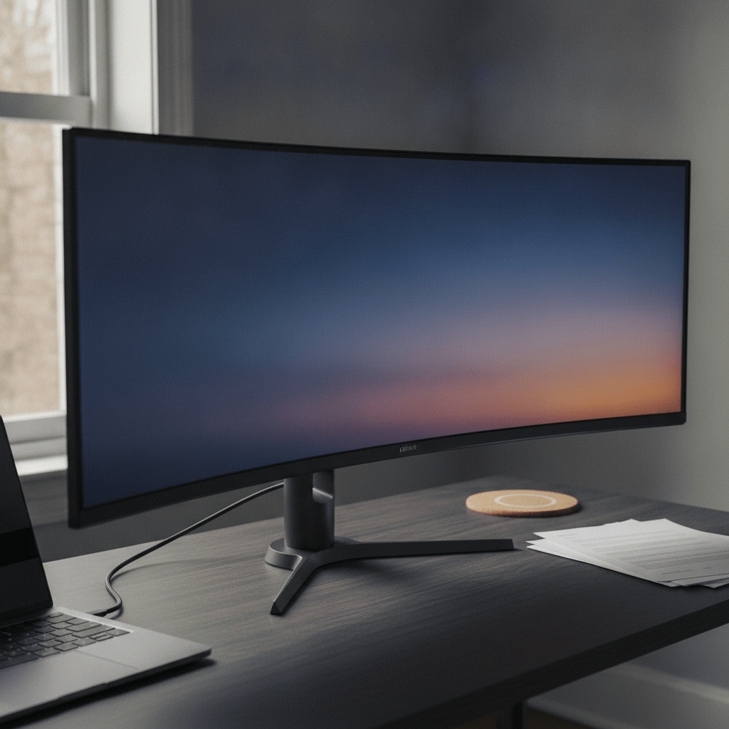 LG UltraWide 34-inch monitor on a home office desk connected to a MacBook via USB-C cable showing wide-screen productivity with multiple windows open