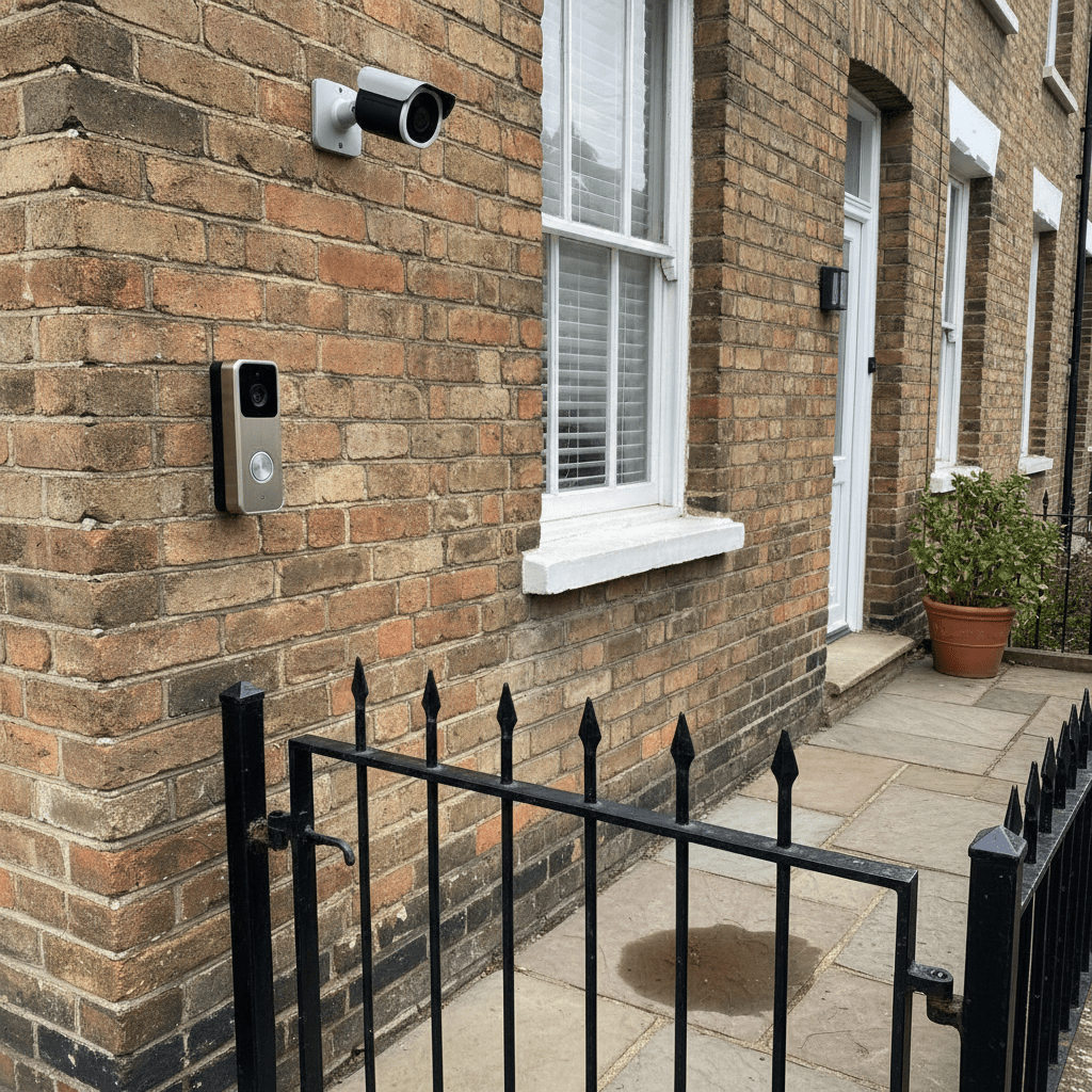 Ring security cameras mounted on a UK home exterior — Ring Spotlight Cam on a brick wall next to a Ring Video Doorbell on a front door of a typical UK terrace house