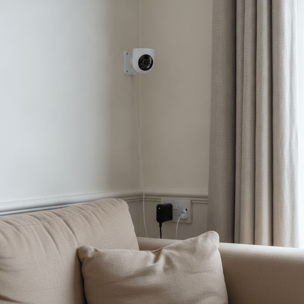 Ring Indoor Cam 2nd Gen white plug-in security camera mounted in the corner of a UK living room, showing the USB cable plugged into a wall socket below