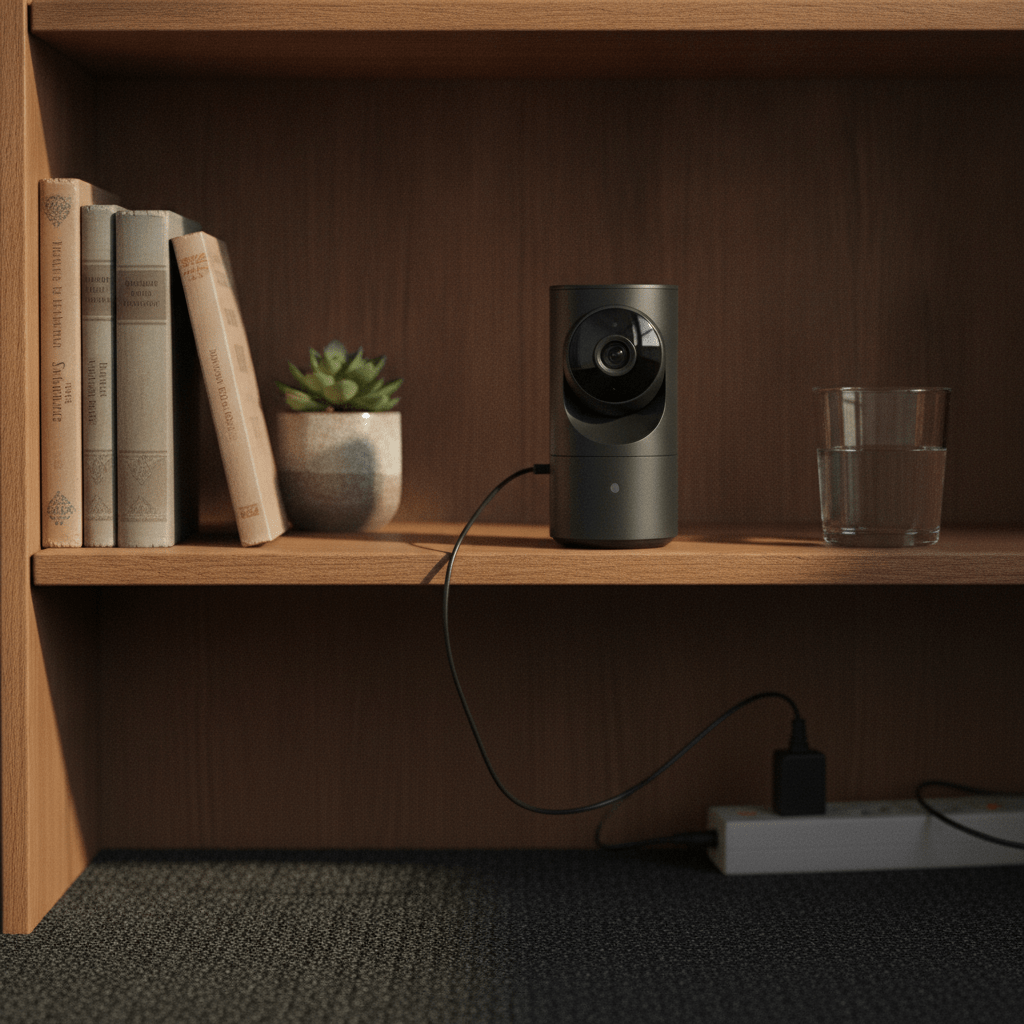 Ring Indoor Cam Plus security camera in black on a bookshelf in a UK home office, with its USB power cable running down to a socket behind the shelf