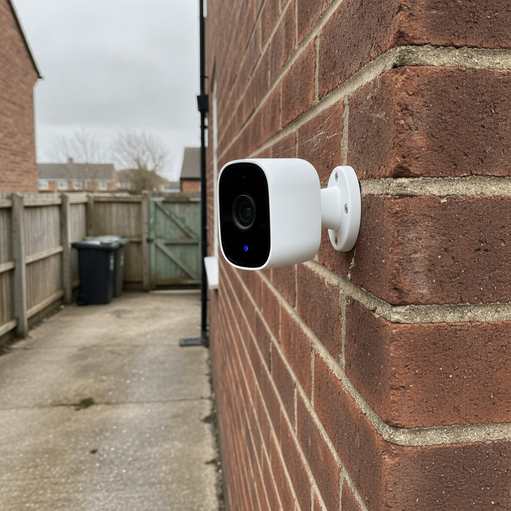 Ring Outdoor Camera Battery mounted on a brick exterior wall of a UK semi-detached home overlooking the driveway and front gate, in overcast daylight