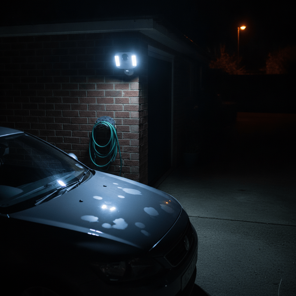 Ring Spotlight Cam Plus Battery mounted on the corner of a UK garage exterior at night, with its white LED spotlight strips illuminated and casting light on a car in the driveway