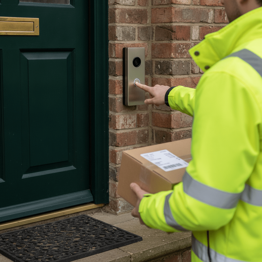 Ring Battery Video Doorbell 2K installed on a UK front door frame in satin nickel finish, with a delivery driver standing at the door holding a parcel
