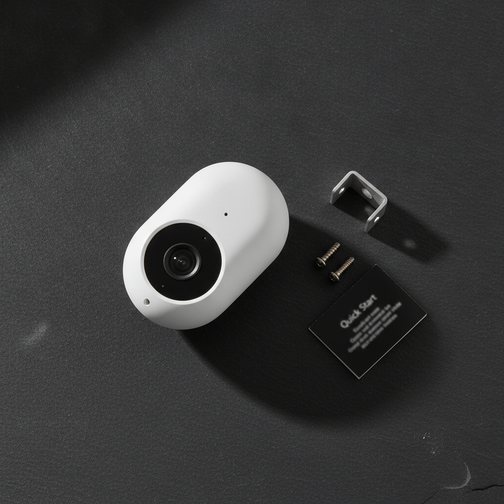 Flat lay of five Ring security cameras side by side on a dark surface — Indoor Cam, Outdoor Camera, Spotlight Cam, Floodlight Cam and Video Doorbell — with price and resolution labels beside each one
