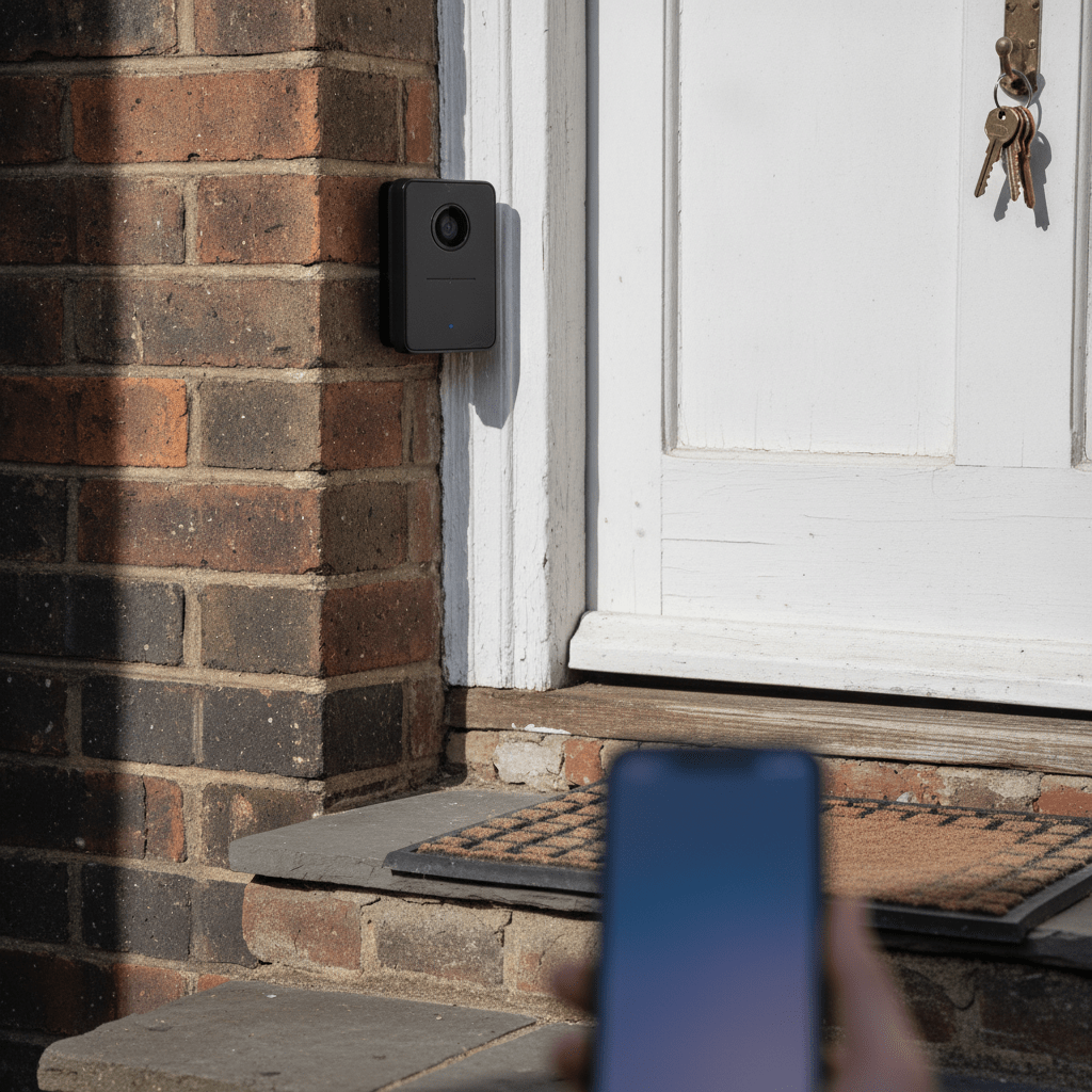 Ring Battery Video Doorbell 2K mounted beside the front door of a UK terraced house, with the Ring smartphone app open in the foreground showing a live doorbell view