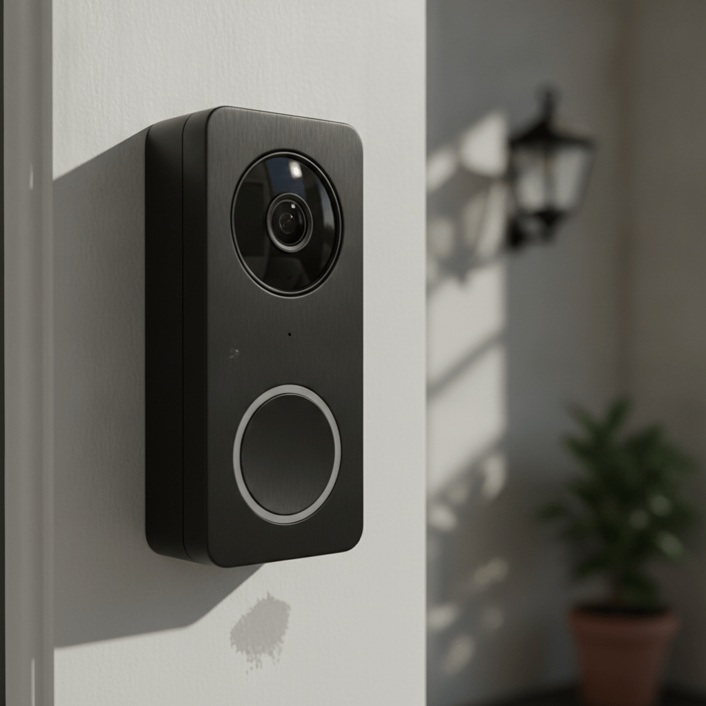 Ring Battery Video Doorbell 2K in black, close-up product shot showing the camera lens and doorbell button on a white front door