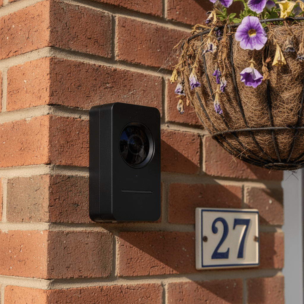 Ring Battery Video Doorbell 2K Plus mounted on a brick porch wall of a UK semi-detached house, angled to show the wide-angle camera lens