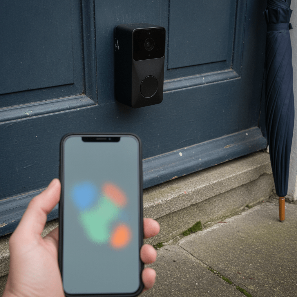 Ring Battery Video Doorbell 4K Pro on a UK front door with a smartphone showing the Bird's Eye View radar motion map overlay in the Ring app