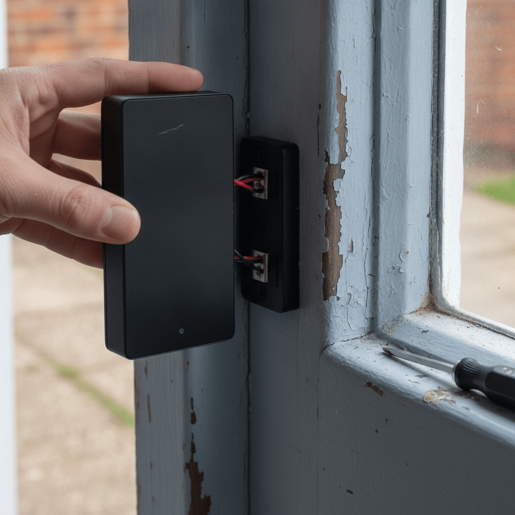 Ring Wired Video Doorbell 2K installed on a UK front door frame with low-voltage doorbell wires visible connecting to the mounting bracket
