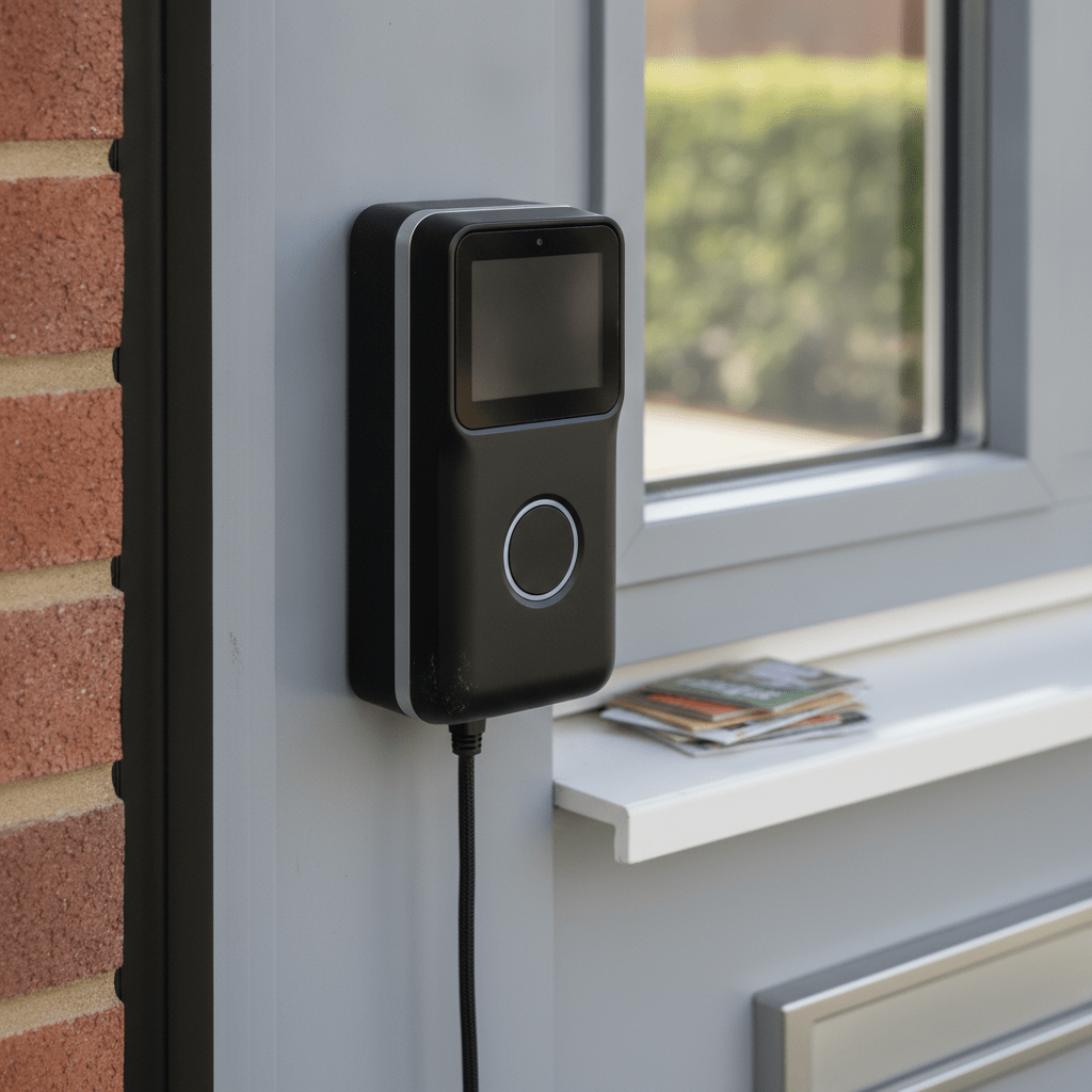 Ring Wired Video Doorbell 4K Elite mounted on a UK front door frame, with a Power over Ethernet network cable running into the mounting bracket instead of standard doorbell wire