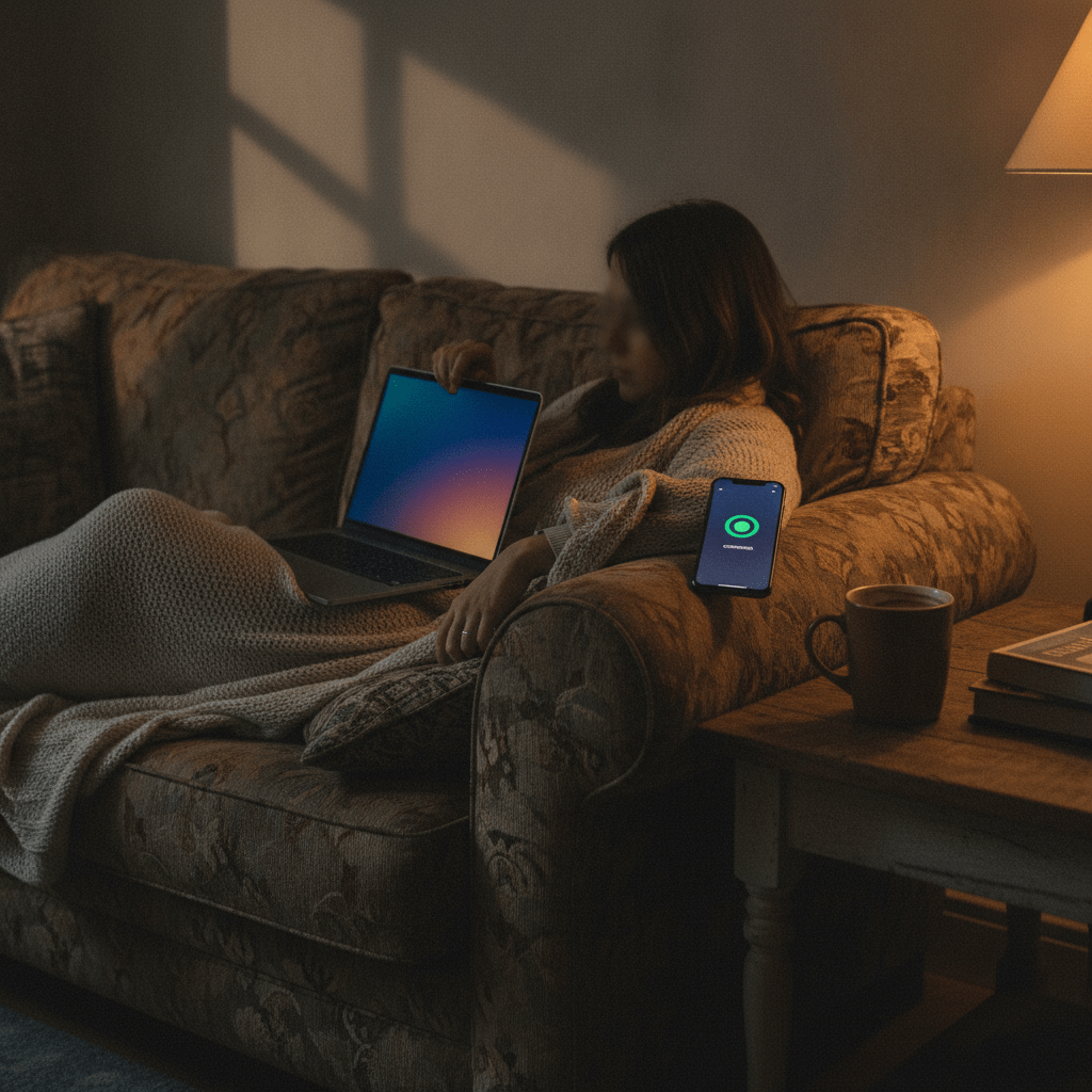 Person streaming Netflix on a laptop in a UK living room with a VPN app icon visible on a phone screen next to them