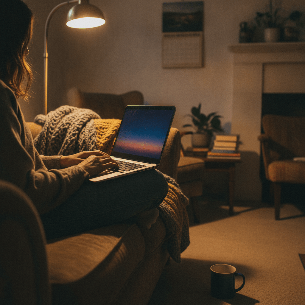 UK shopper checking Black Friday broadband deals on a laptop at home, calendar showing late November in the background