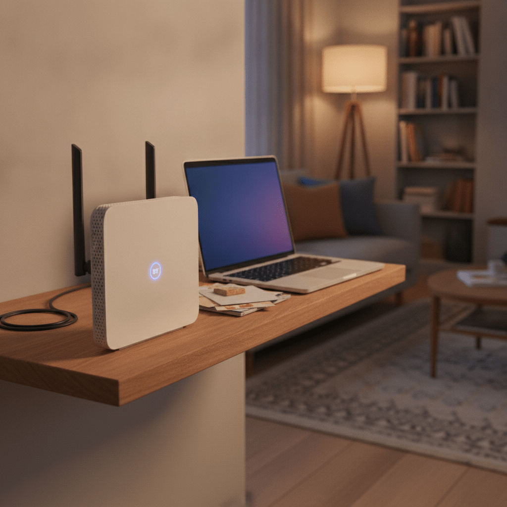 BT Smart Hub 2 router on a shelf in a UK living room with a Black Friday sale banner visible on a nearby laptop screen