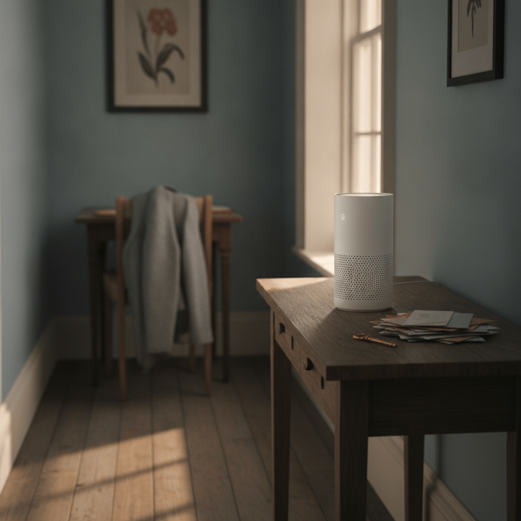 EE Smart Hub Wi-Fi 7 router on a hallway table in a UK home
