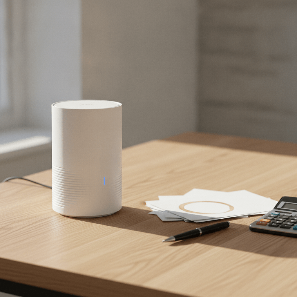 TalkTalk Wi-Fi Hub router on a desk next to a UK broadband bill and calculator