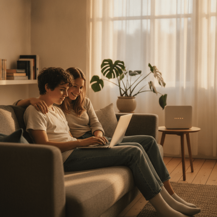 Cheapest broadband deals UK 2026 — family using laptop at home with WiFi router visible