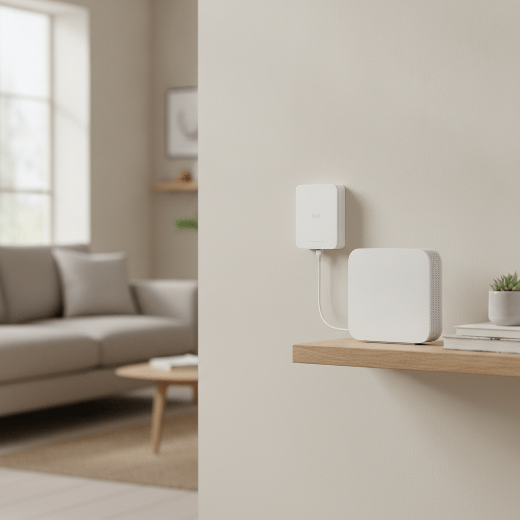 Full fibre ONT box on an internal wall in a UK home connected via Ethernet cable to a modern Wi-Fi router on a shelf