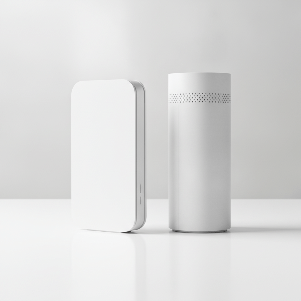BT Smart Hub 3 and EE Smart Hub 7 Plus broadband routers side by side on a white background, showing size comparison
