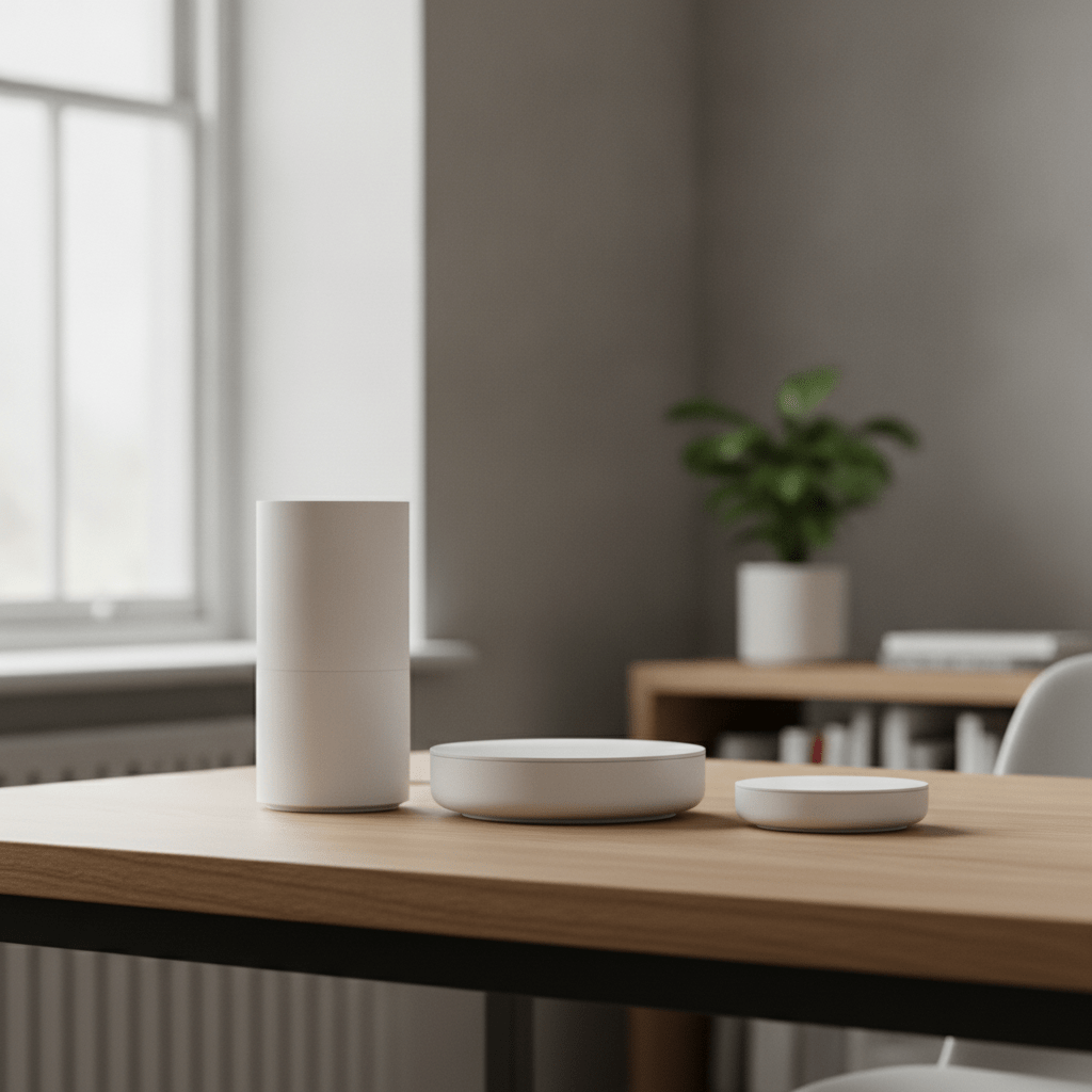 Amazon Eero 6, Amazon Eero Pro 6E, and TP-Link Deco X55 routers arranged on a wooden desk in a UK home office