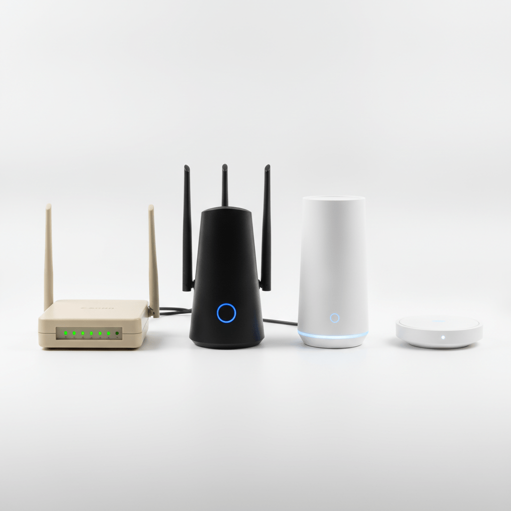 Infographic showing Wi-Fi standard wireless speed ceilings: Wi-Fi 5 at 400–500Mbps, Wi-Fi 6 at 900Mbps, Wi-Fi 6E at 1Gbps plus, Wi-Fi 7 at 2Gbps plus, with UK full fibre plan speeds overlaid