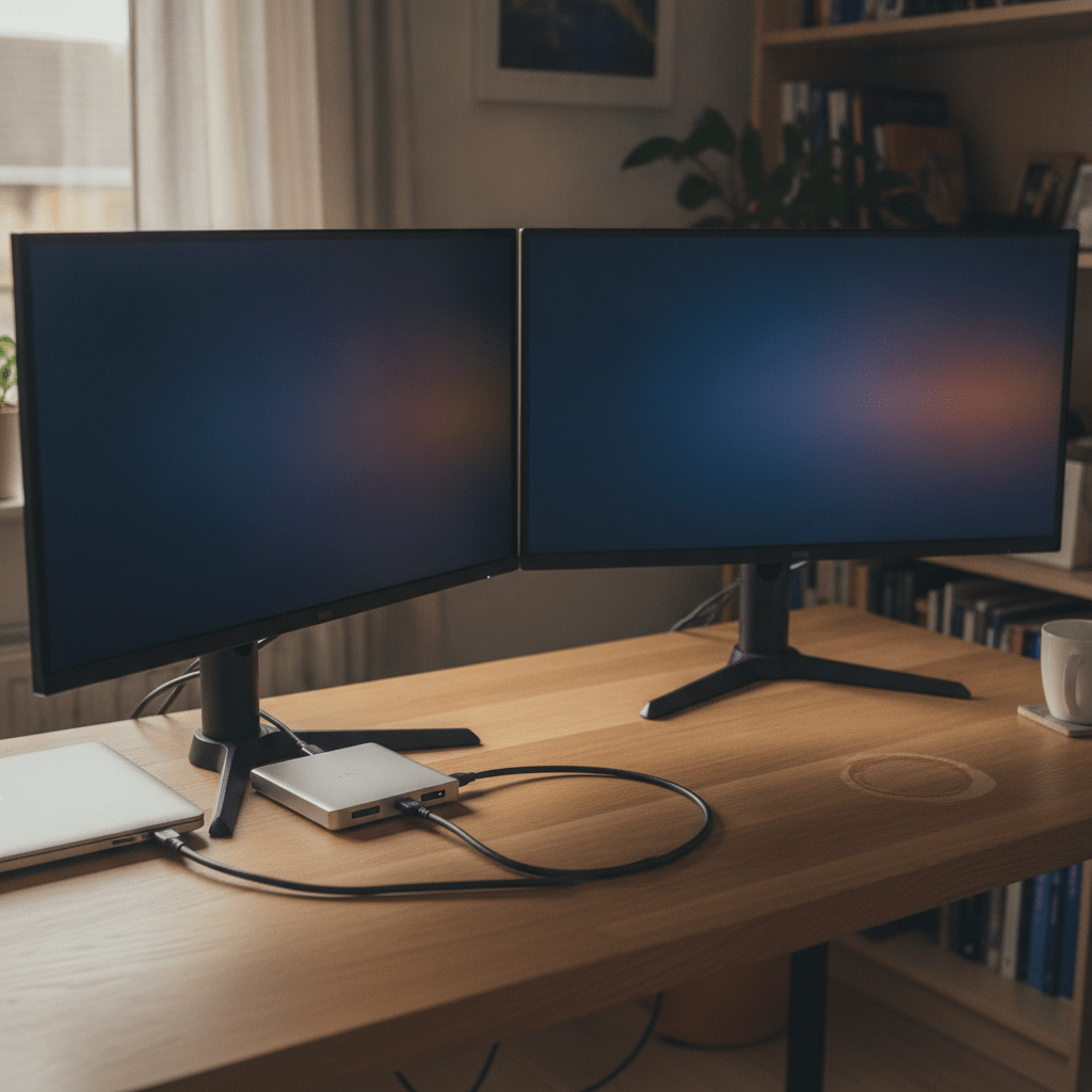 Dual monitor setup on a UK home office desk with two screens, a laptop, and a USB-C docking hub