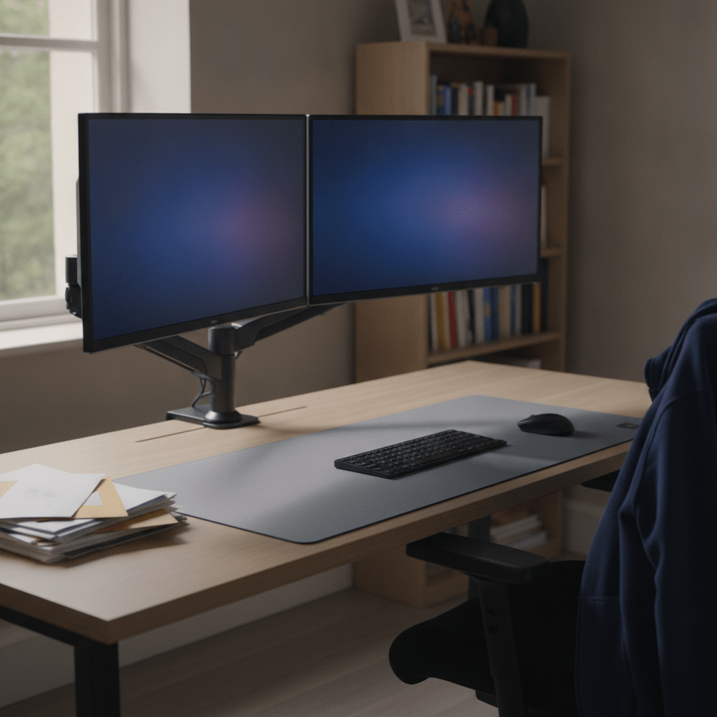 Dual monitor arm mounted on a UK desk holding two screens at matching eye-level height with clear desk space underneath