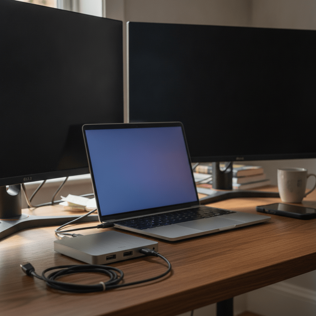 USB-C docking station with multiple ports connected to a laptop and two external monitors on a UK desk