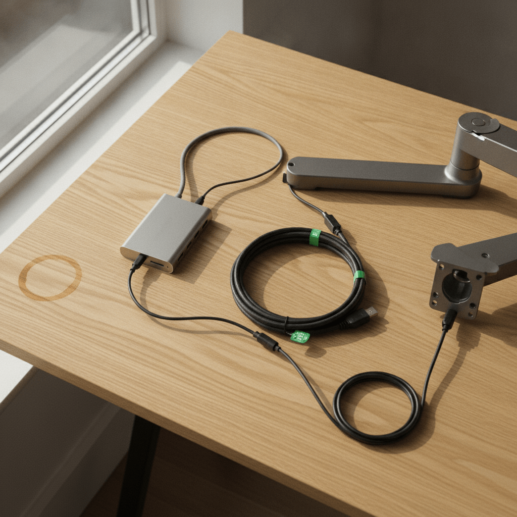 Infographic-style comparison of dual monitor setup accessories including cables, docking hubs and monitor arms with UK pricing
