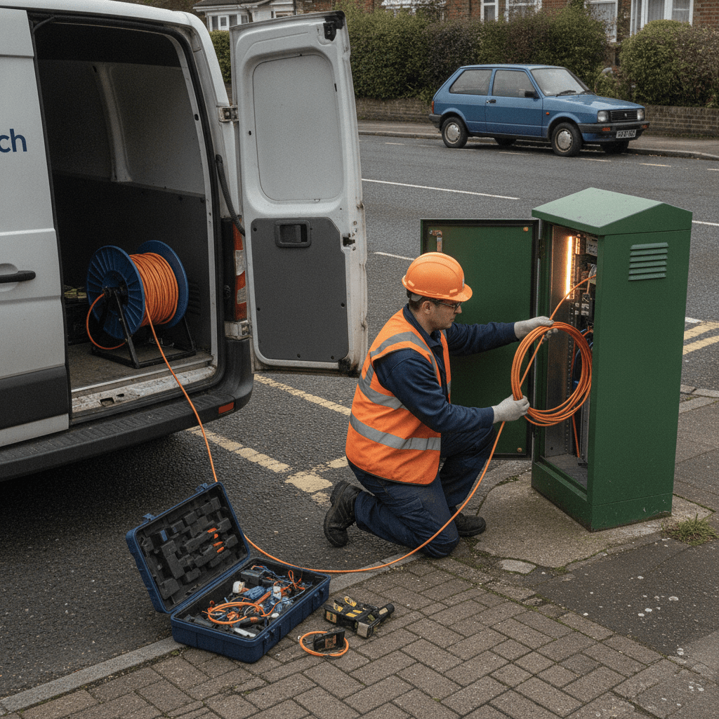 Openreach engineer installing bright orange fibre optic cable into a street cabinet on a UK residential road