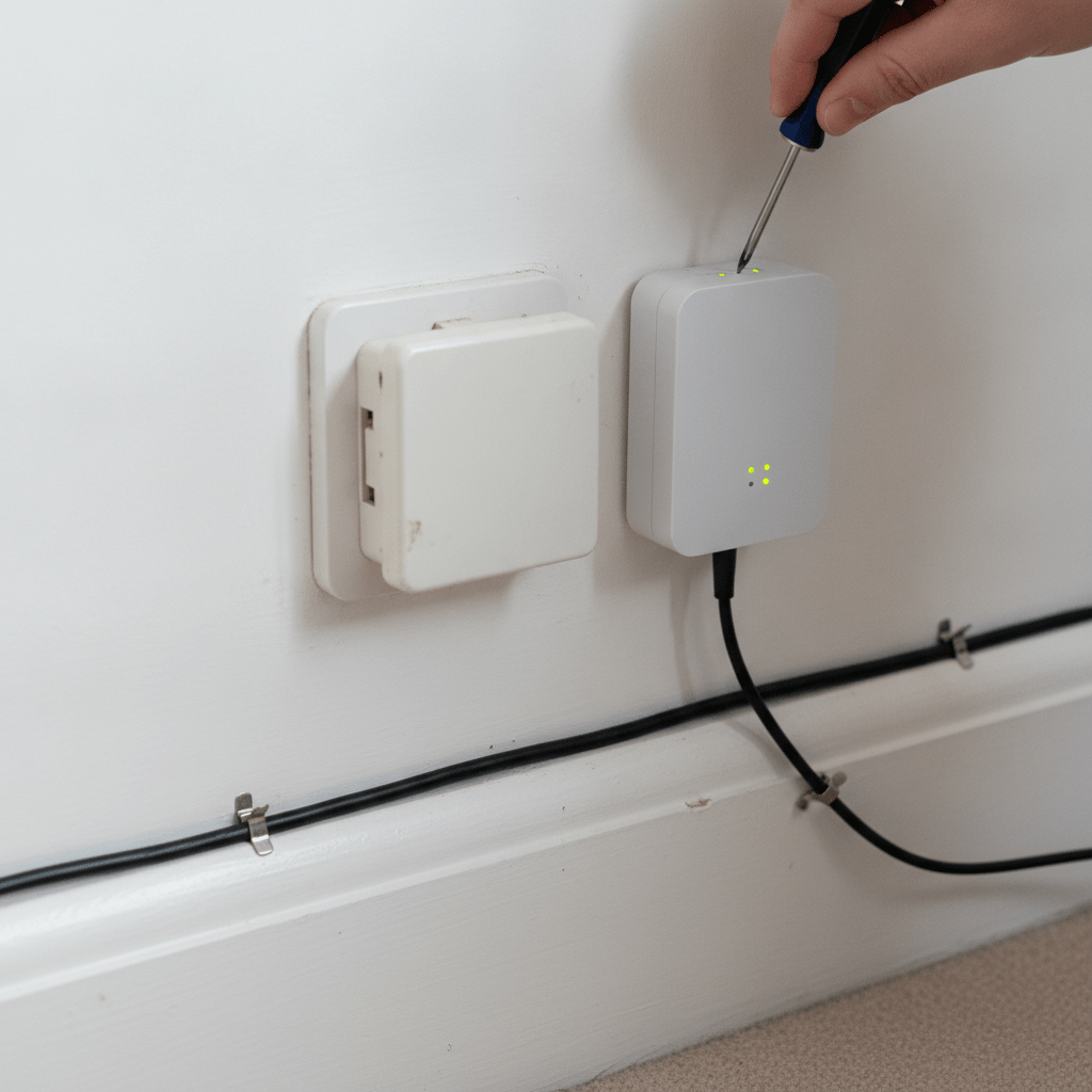 Old analogue BT telephone landline socket on a UK skirting board being replaced with a fibre broadband termination point