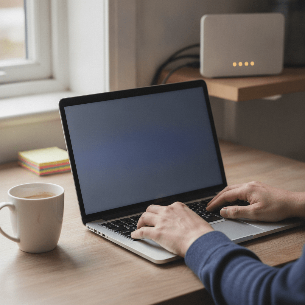 UK household comparing broadband speed numbers on a laptop screen, with a router visible in the background